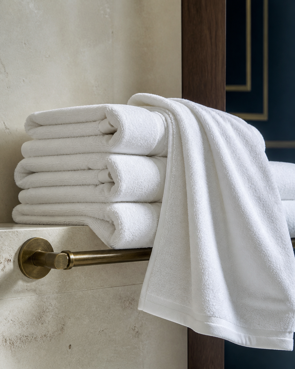 Fresh white hotel towels arranged in a refined bathroom