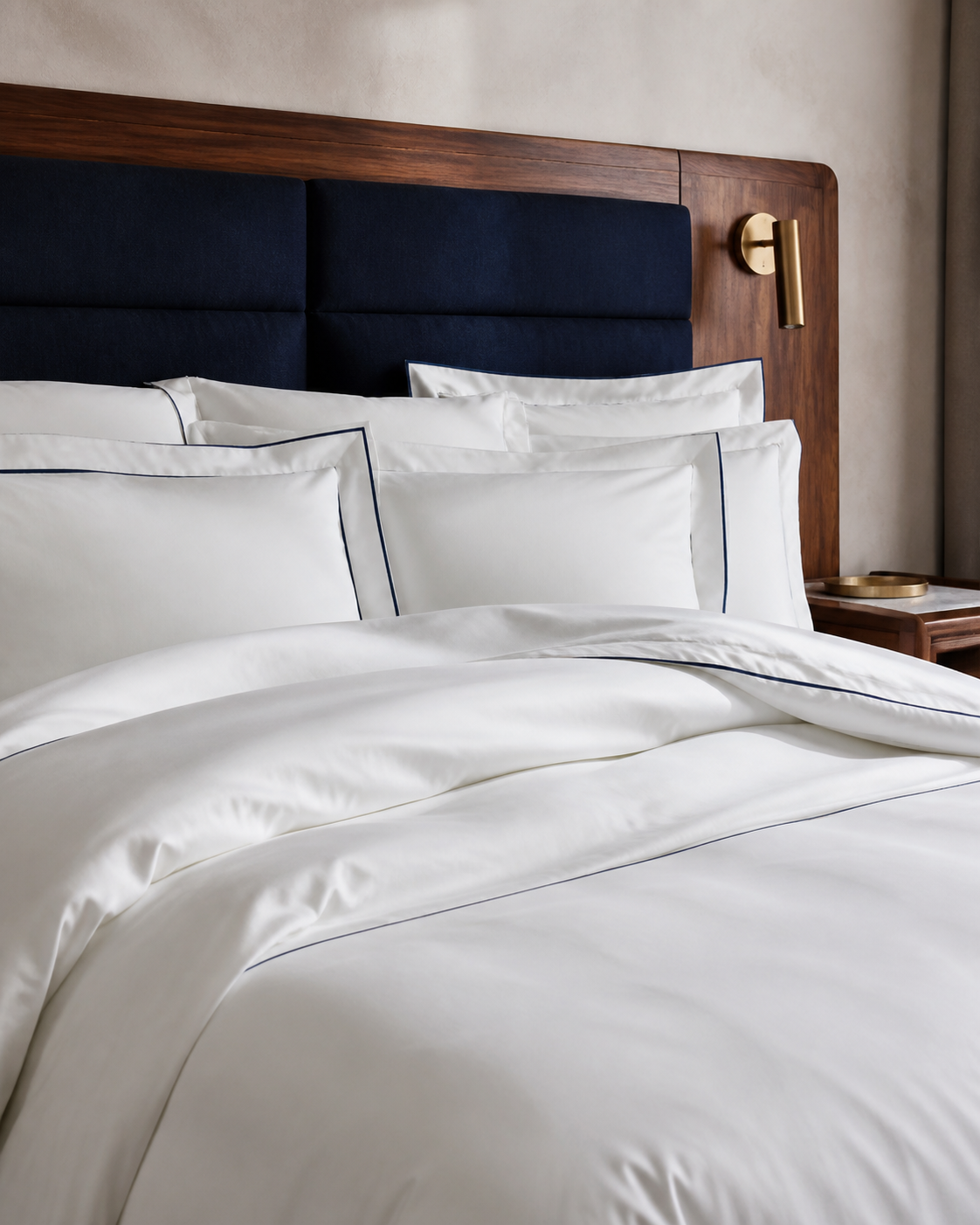 Crisp white hotel bedding with navy piping
