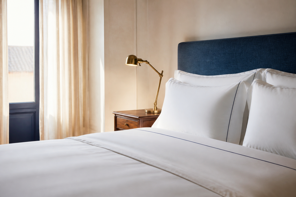 Refined hotel bed with crisp white Havana 1960 linens
