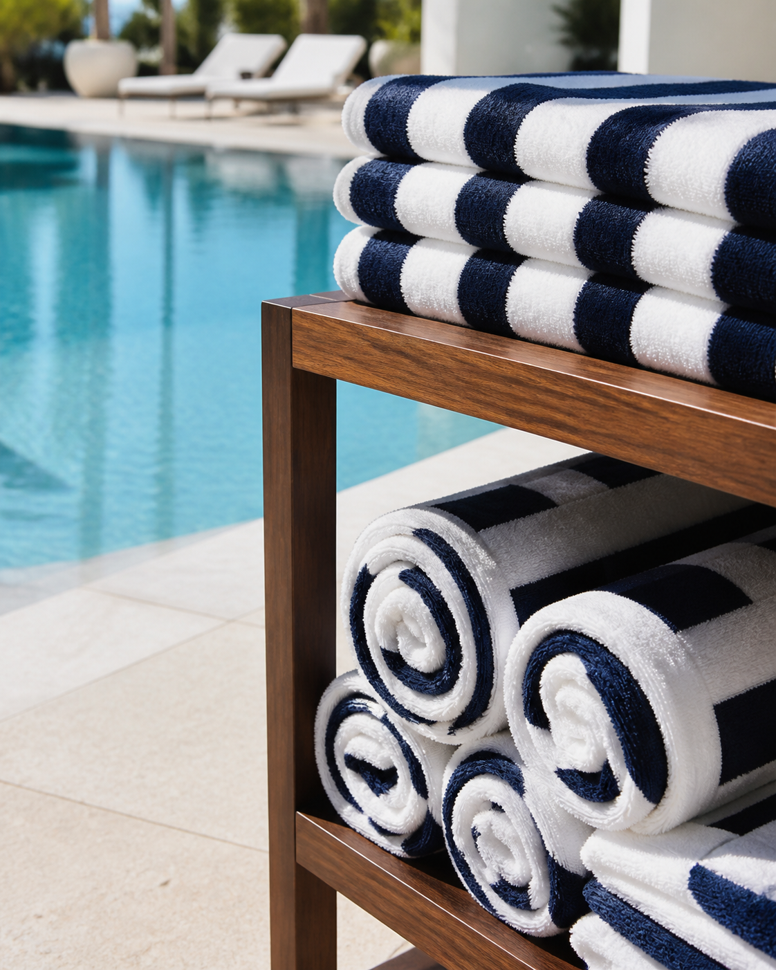 White and navy striped towels beside a resort pool